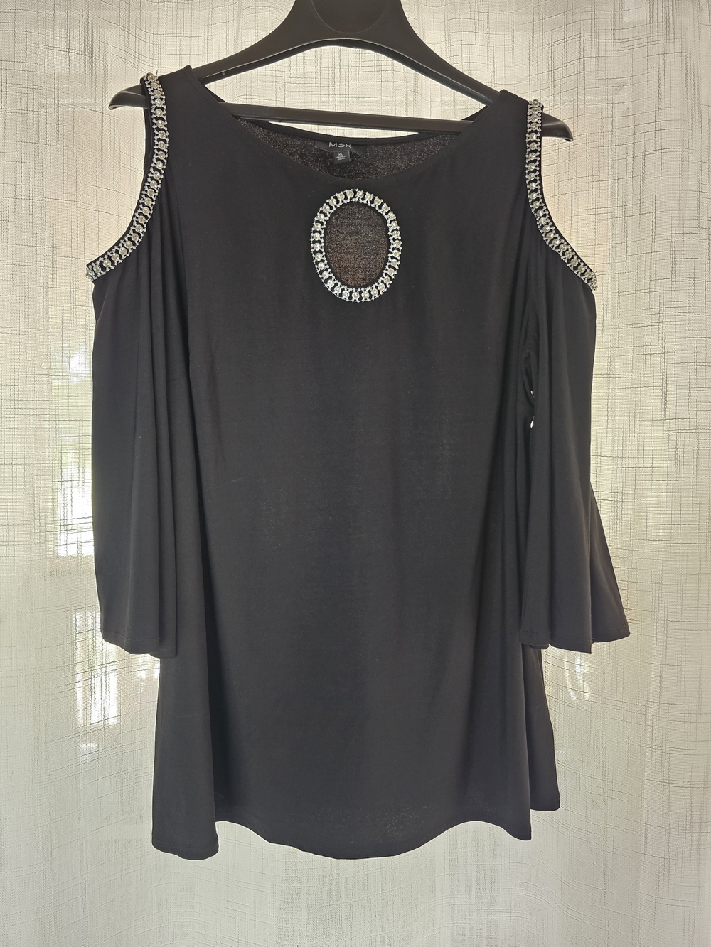 MSK Black Cold-Shoulder Tunic with Jeweled Ring and Chain-Trim